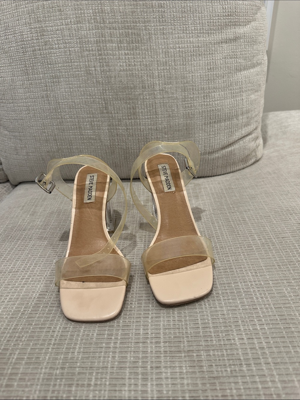 Steve Madden Clear and Nude Block Heel Sandals